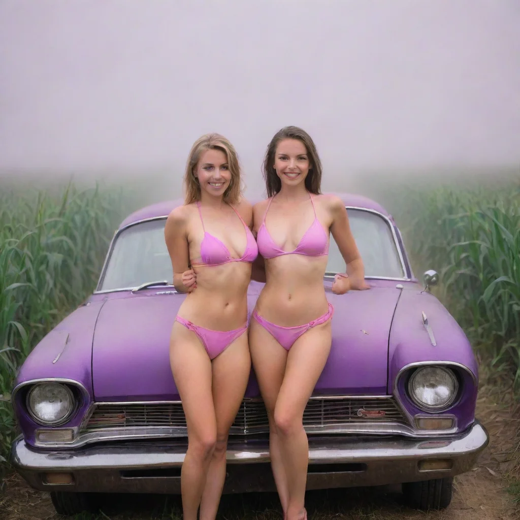 aiartstation art two happy girls in pink bikinis%2C posing in front of a purple old car on a foggy dirtroad through the cornfields confident engaging wow 3