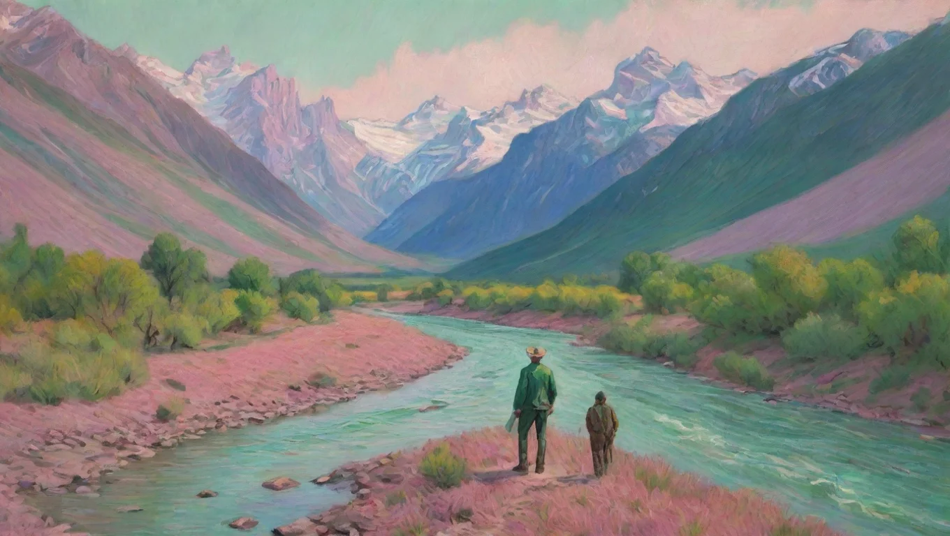 aiartstation art van gogh pink green colour pastel artistic western man  valley environment river mountain hd character confident engaging wow 3 widescreen