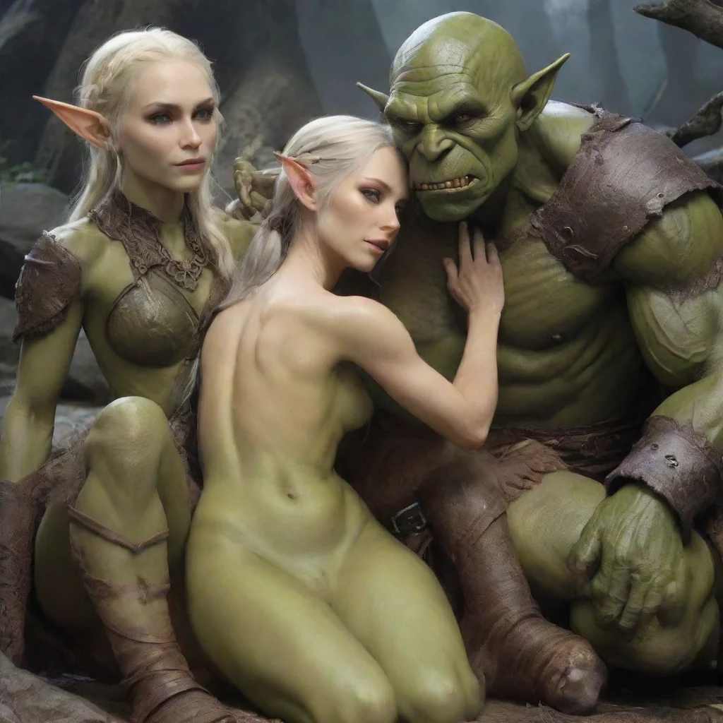 artstation art very skinny elven maid cuddles with orc warriors confident engaging wow 3