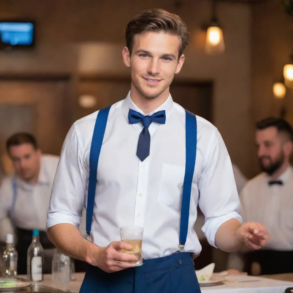 artstation art waiter serving beverage in white shirt with blue suspenders confident engaging wow 3