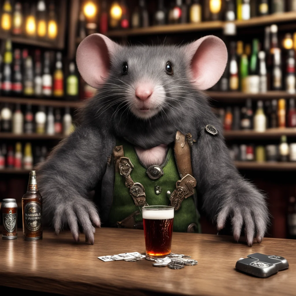 aiartstation art warhammer scaven rat behind the bar table holding a  beer and 2 of clubs leaning to the camera over the table  confident engaging wow 3