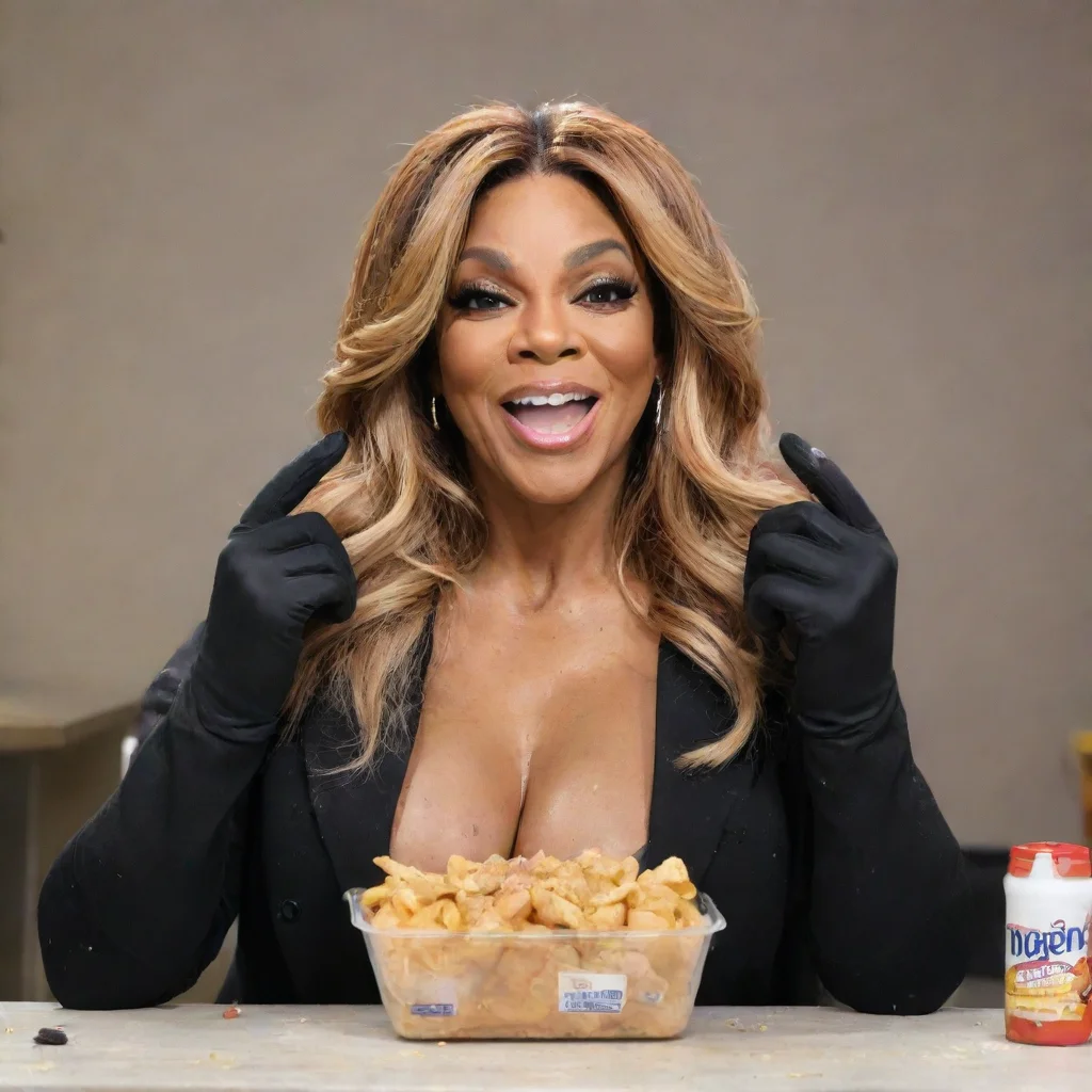 aiartstation art wendy williams  smiling with black gloves and gun and mayonnaise splattered everywhere confident engaging wow 3