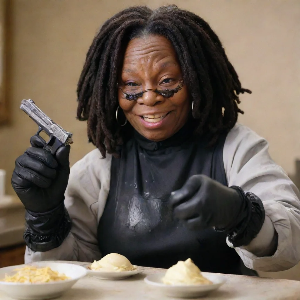 artstation art whoopi goldberg smiling with black gloves and gun and mayonnaise splattered everywhere confident engaging wow 3