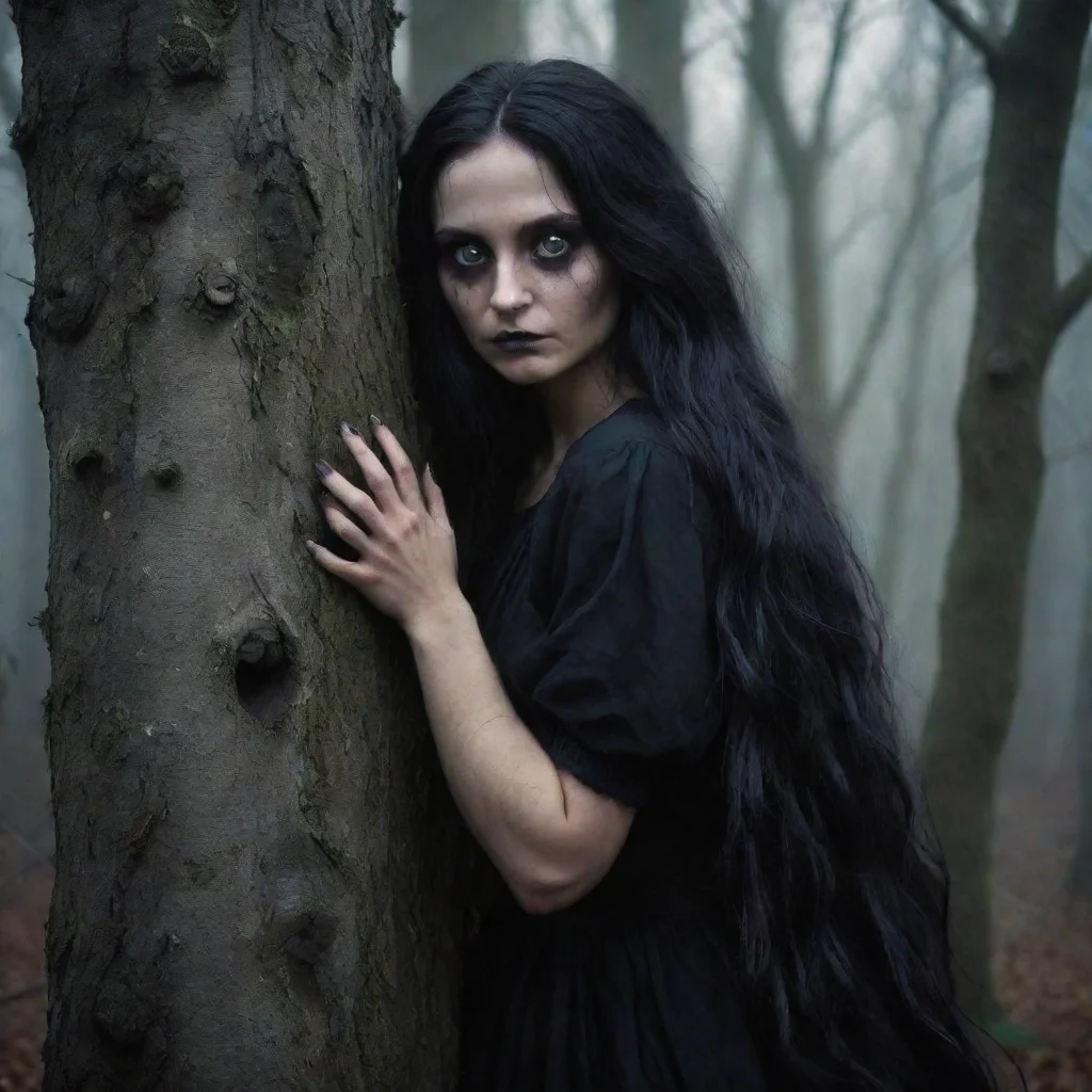 aiartstation art witch of the woods%2C creepy black eyes%2C long dark hair%2C hugging a tree confident engaging wow 3