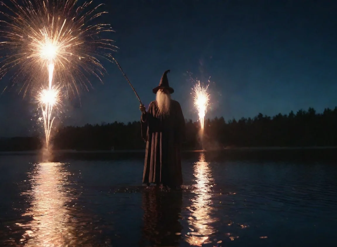artstation art wizard powerful fireworks magic using staff water on lake stary night hd 8k confident engaging wow 3 landscape43