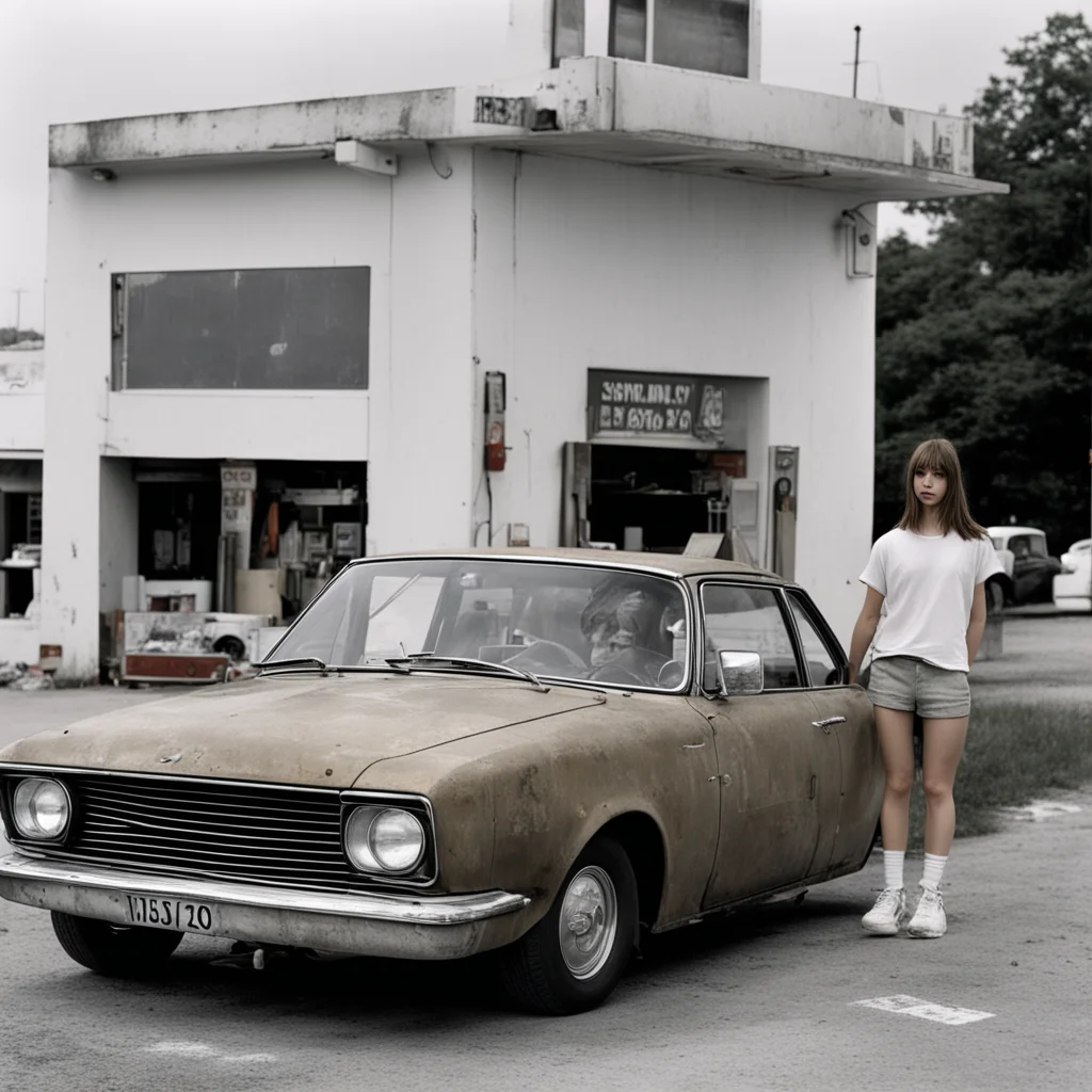 aiartstation art wo stoned english girls%2C at an uncanny total gas station%2C with their old rusty nissan sunny wagon confident engaging wow 3