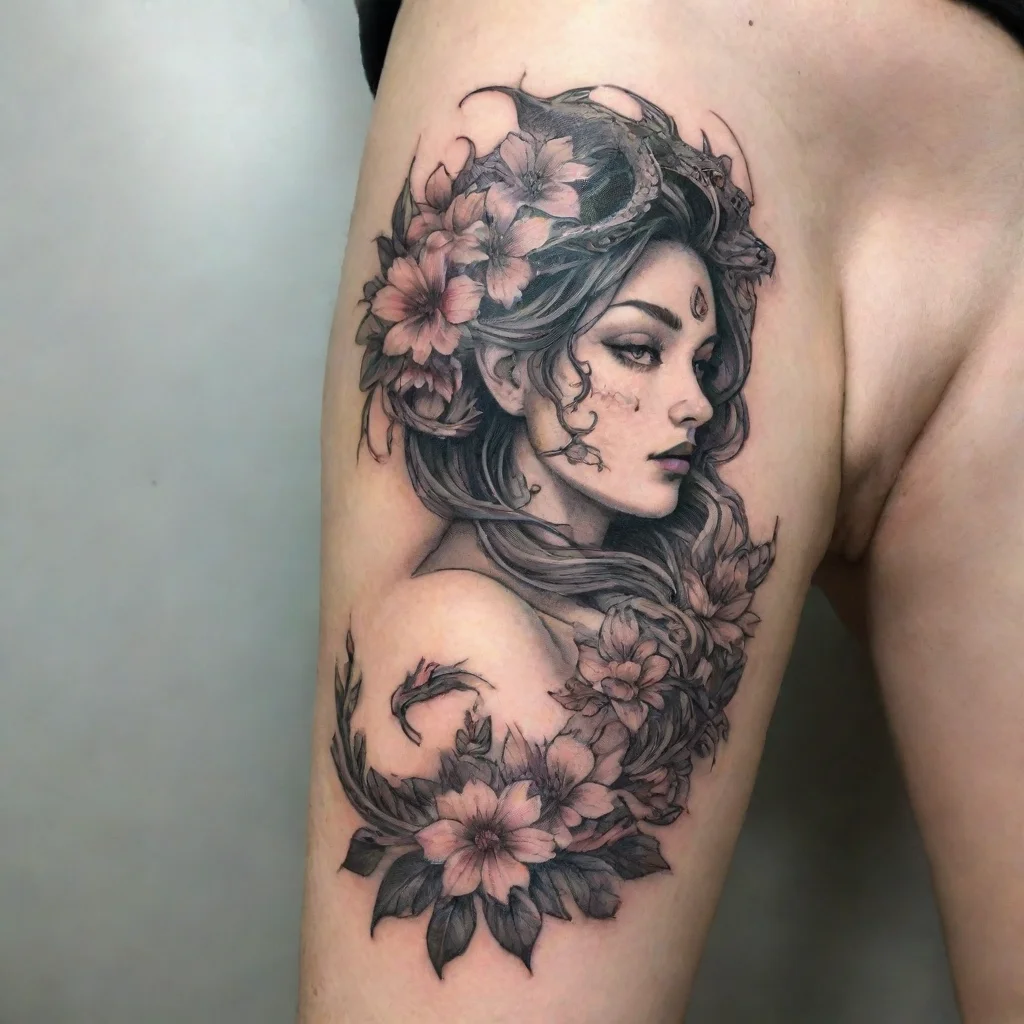 aiartstation art woman dragon flowers fine line tattoo confident engaging wow 3