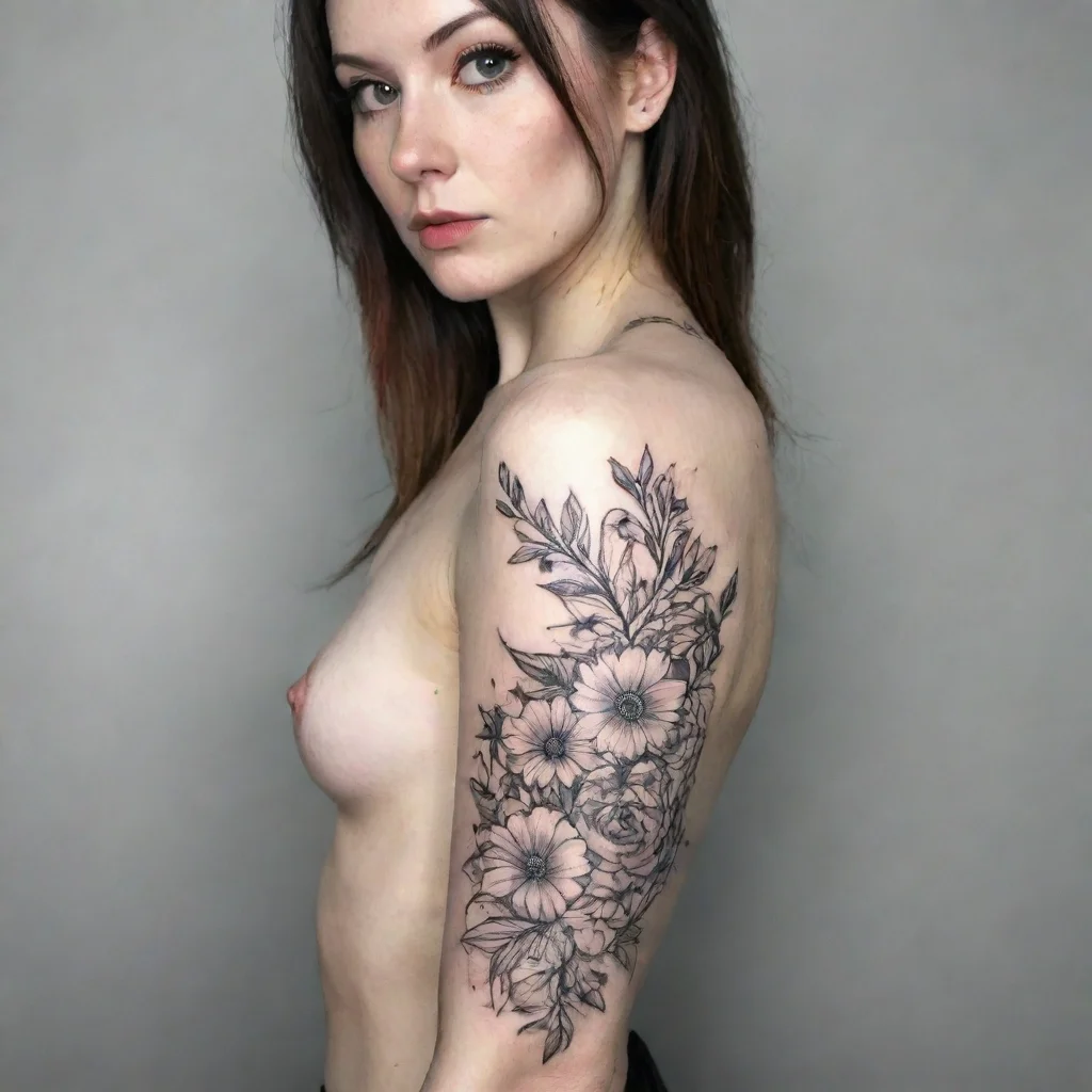 aiartstation art woman in flowers fine line black and white tattoo confident engaging wow 3