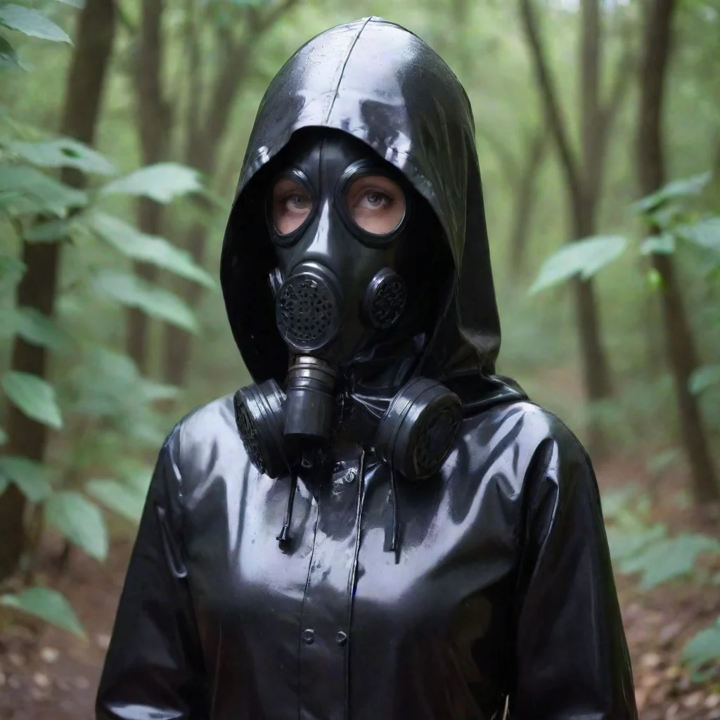 aiartstation art woman long wet black raincoat enclosed hood gasmask confident engaging wow 3