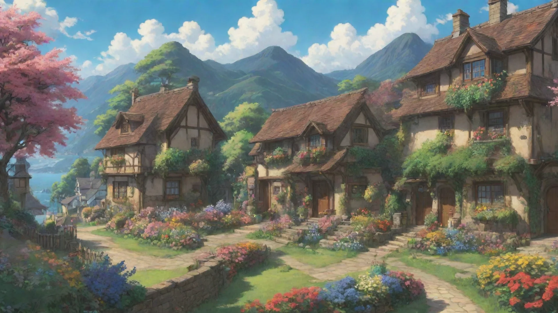 artstation art wonderful ghibli landscape epic anime hd aesthetic town cottages flowers confident engaging wow 3 wide