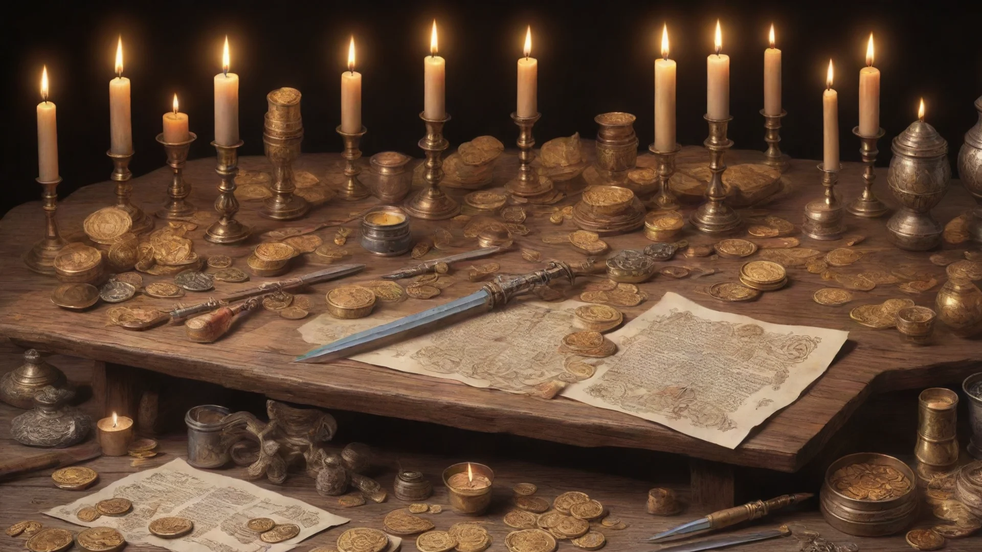 aiartstation art wooden table with gold coins%2C swords%2C candles%2C scrolls and other objects related to medieval fantasy%2C color drawing confident engaging wow 3 wide