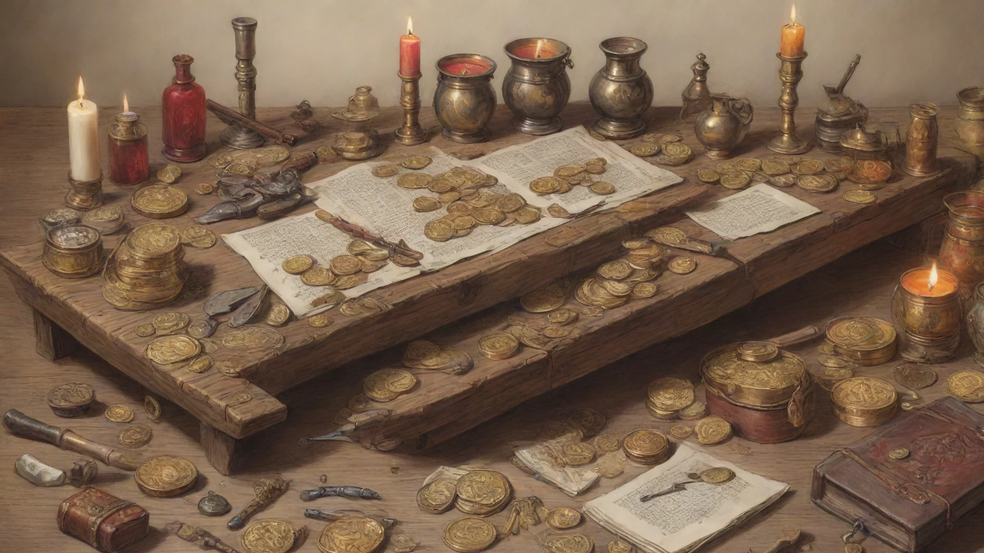 aiartstation art wooden table with gold coins and purse and weapons and armors and candles and scrolls%2C color drawing confident engaging wow 3 wide