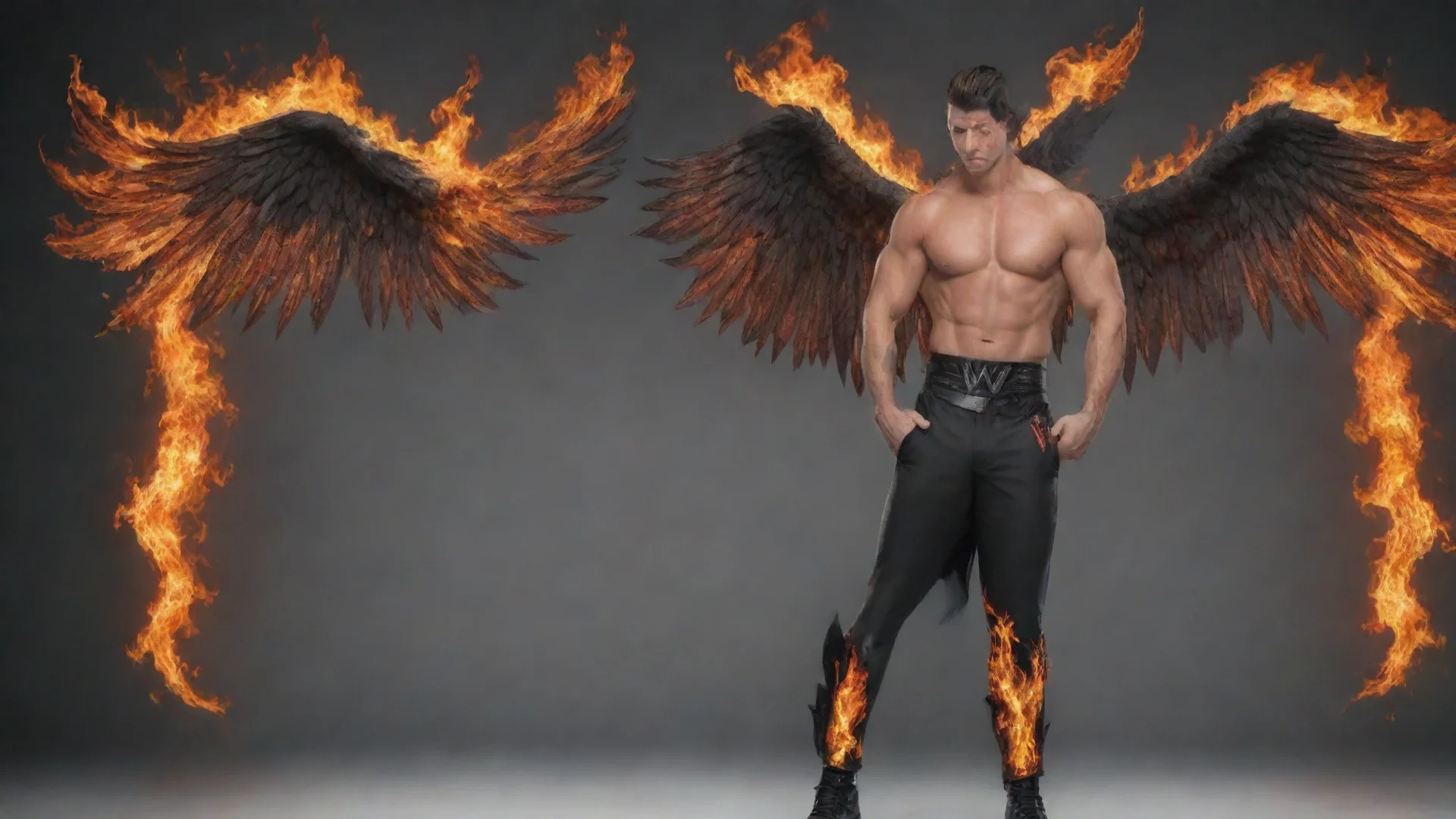 artstation art wwe male attire with fire and wings on the pants confident engaging wow 3 wide