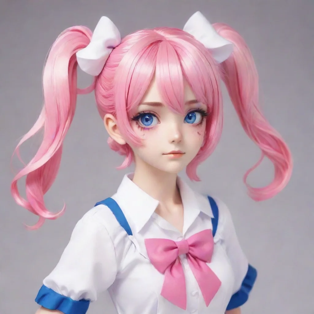 aiartstation art yandere pink and white unform%2C big bow in hair with blue eyes pink hair with white highlights has knife confident engaging wow 3