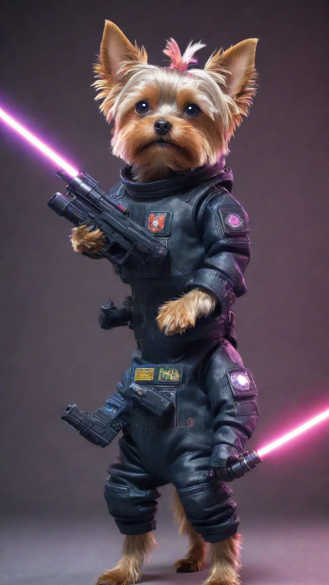 aiartstation art yorkshire terrier in a cyberpunk space suit firing a laser gun confident engaging wow 3 tall