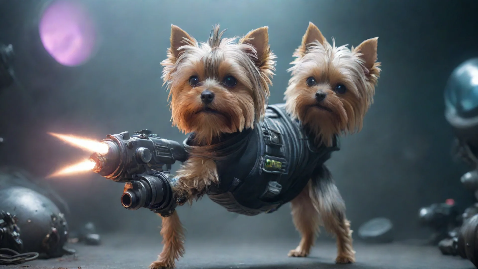 artstation art yorkshire terrier in a cyberpunk space suit firing at aliens confident engaging wow 3 wide