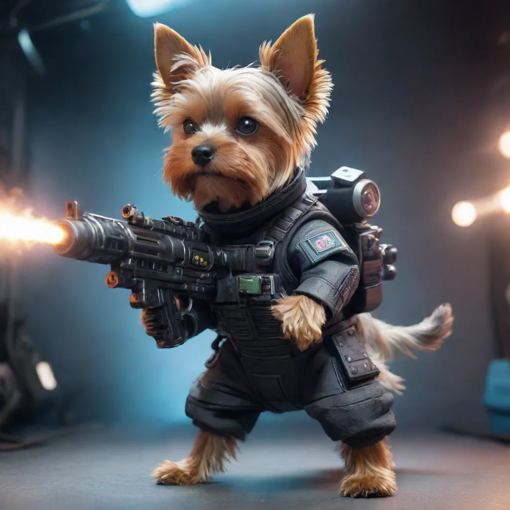 artstation art yorkshire terrier in a cyberpunk space suit firing big gun confident engaging wow 3