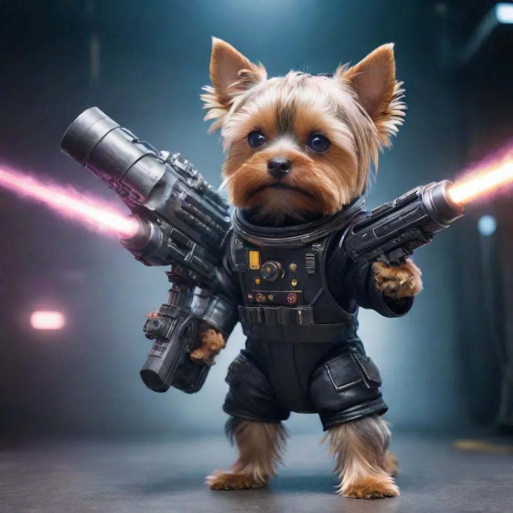 artstation art yorkshire terrier in a cyberpunk space suit firing big weapon confident confident engaging wow 3