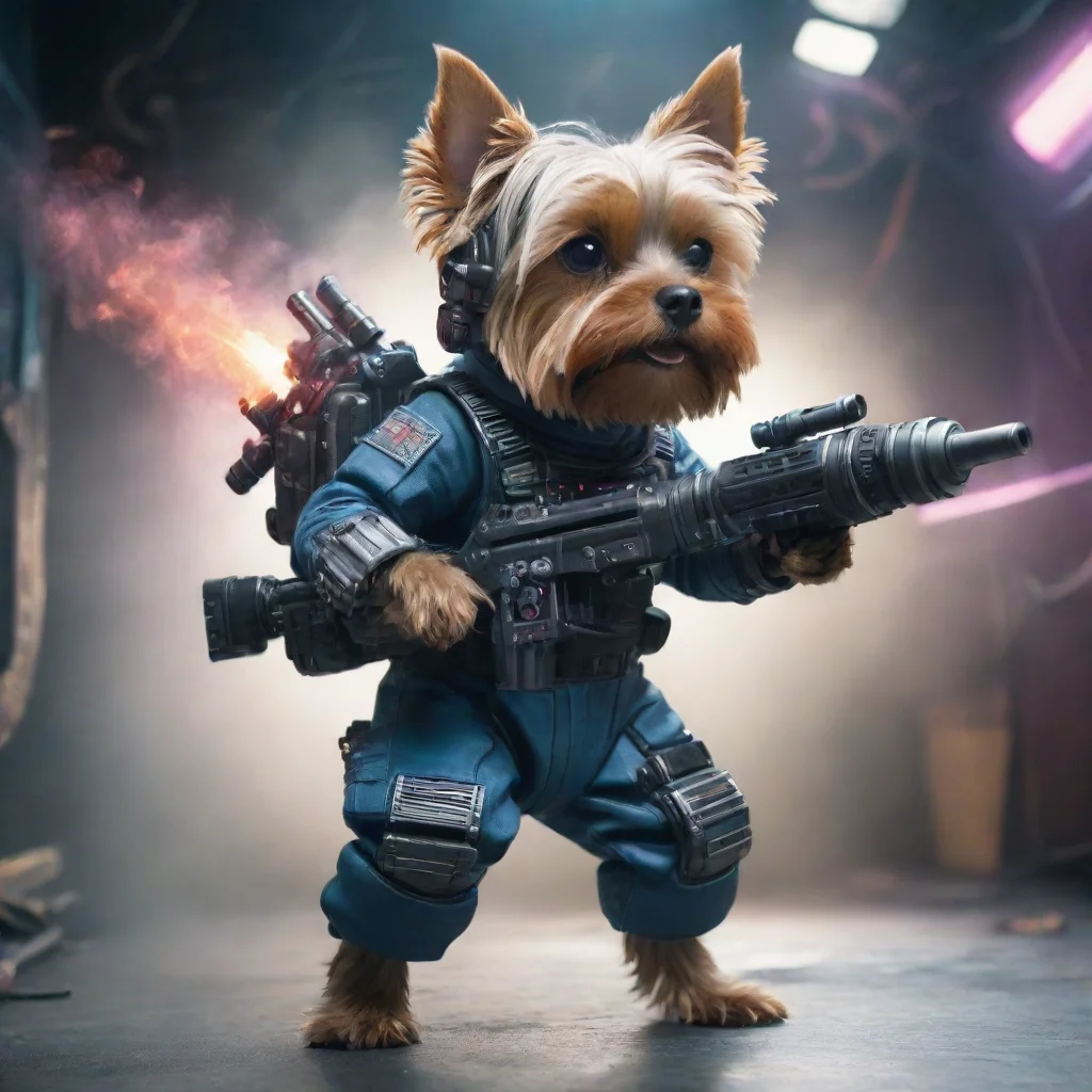 artstation art yorkshire terrier in a cyberpunk space suit firing big weapon confident engaging wow 3