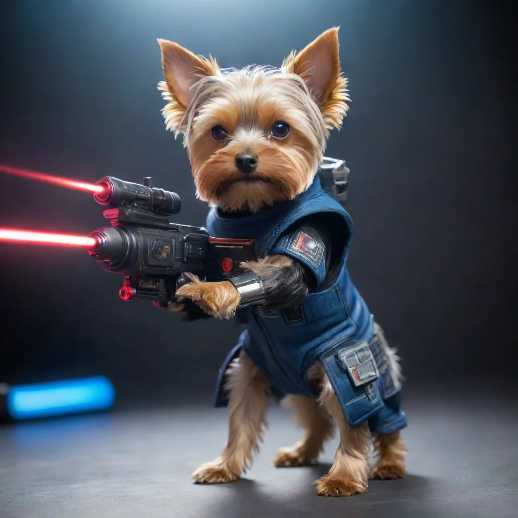 artstation art yorkshire terrier in a cyberpunk space suit firing laser gun confident engaging wow 3