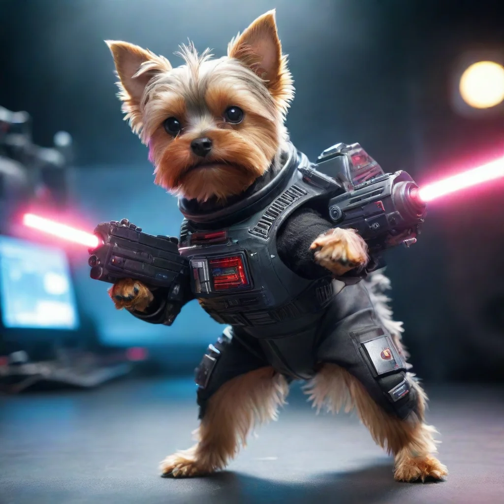 artstation art yorkshire terrier in a cyberpunk space suit firing laser gun fantasy confident engaging wow 3