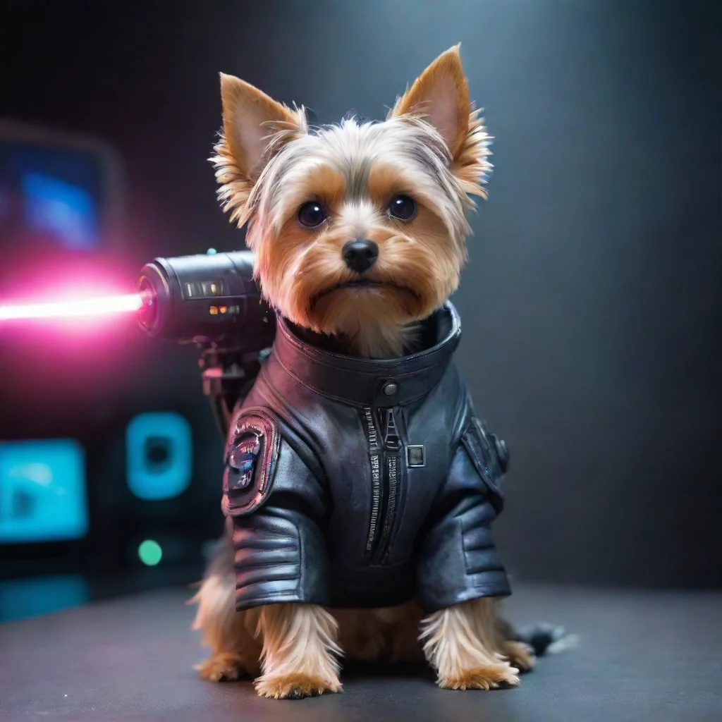 aiartstation art yorkshire terrier in a cyberpunk space suit firing n laser confident. confident engaging wow 3