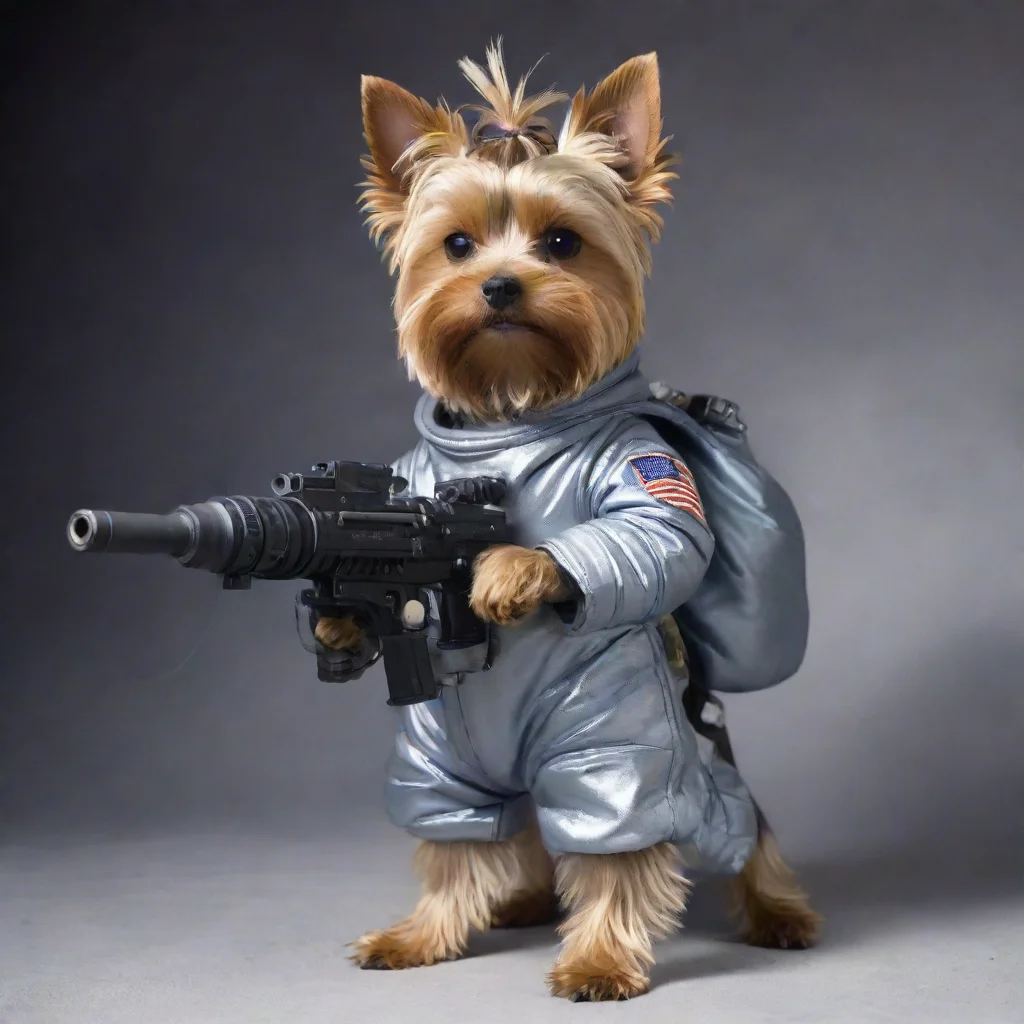 artstation art yorkshire terrier in a space suit firing a machine gun confident engaging wow 3
