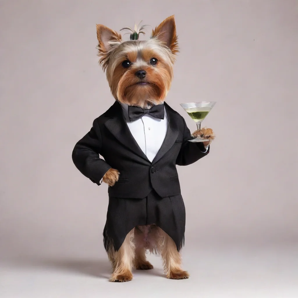 artstation art yorkshire terrier standing on a tuxedo and drinking a martini confident engaging wow 3