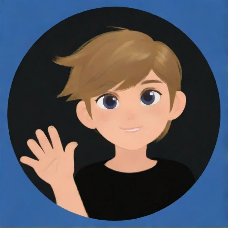 aiartstation art young adult waving%2C blue circle edges%2C grey background%2C dark blond hair%2C black shirt confident engaging wow 3