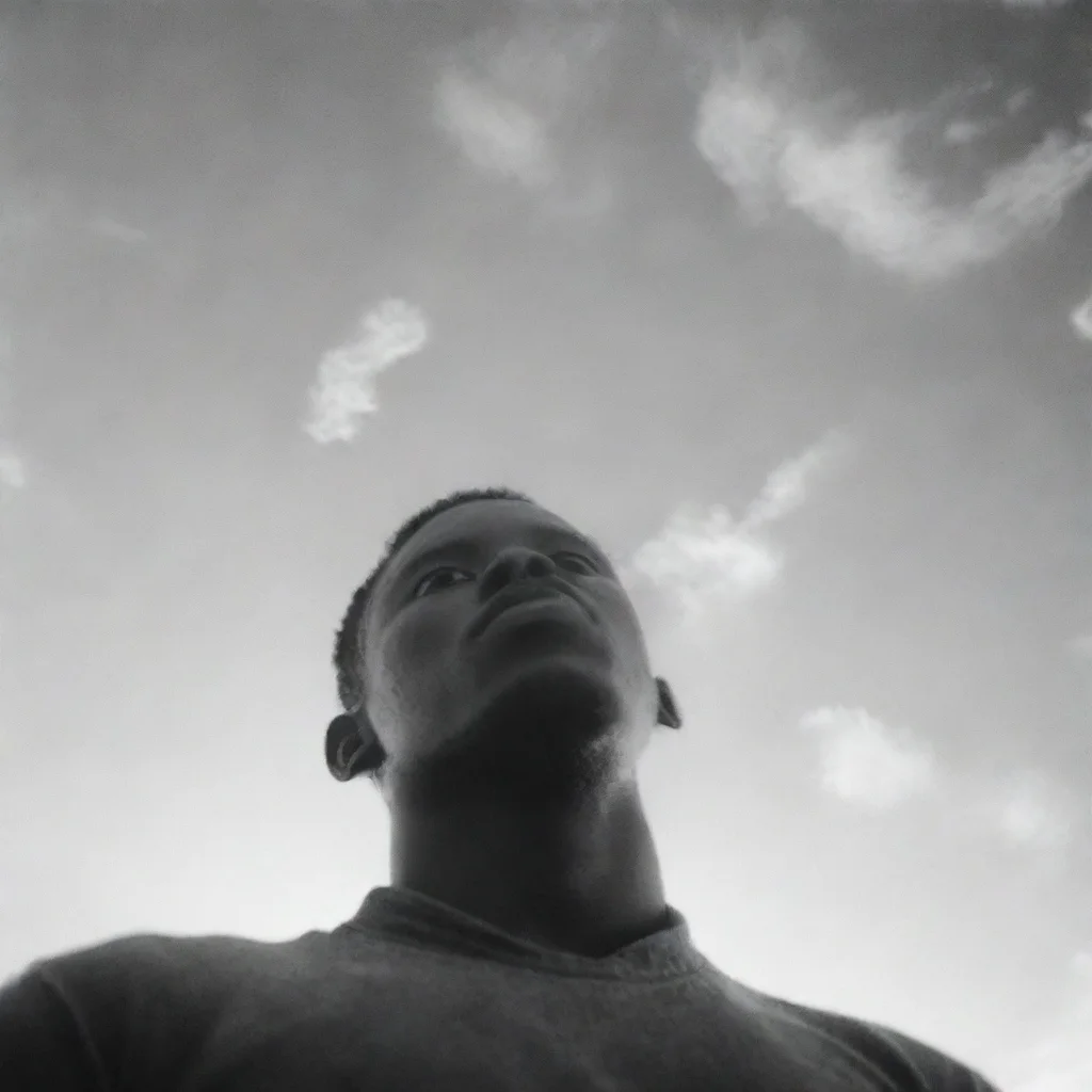 aiartstation art young african american man%2C low angle%2C 18mm lens%2C grainy black and white film%2C double exposure confident engaging wow 3