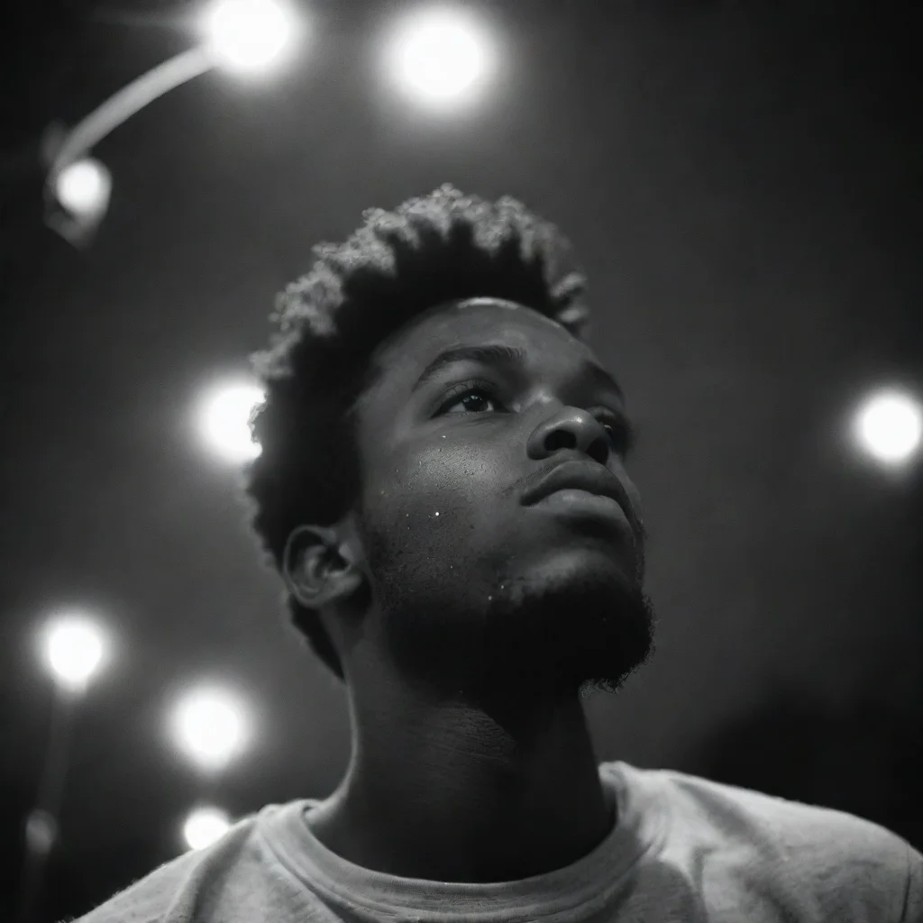 aiartstation art young african american man%2C low angle%2C 18mm lens%2C grainy black and white film%2C double exposure with streetlights confident engaging wow 3