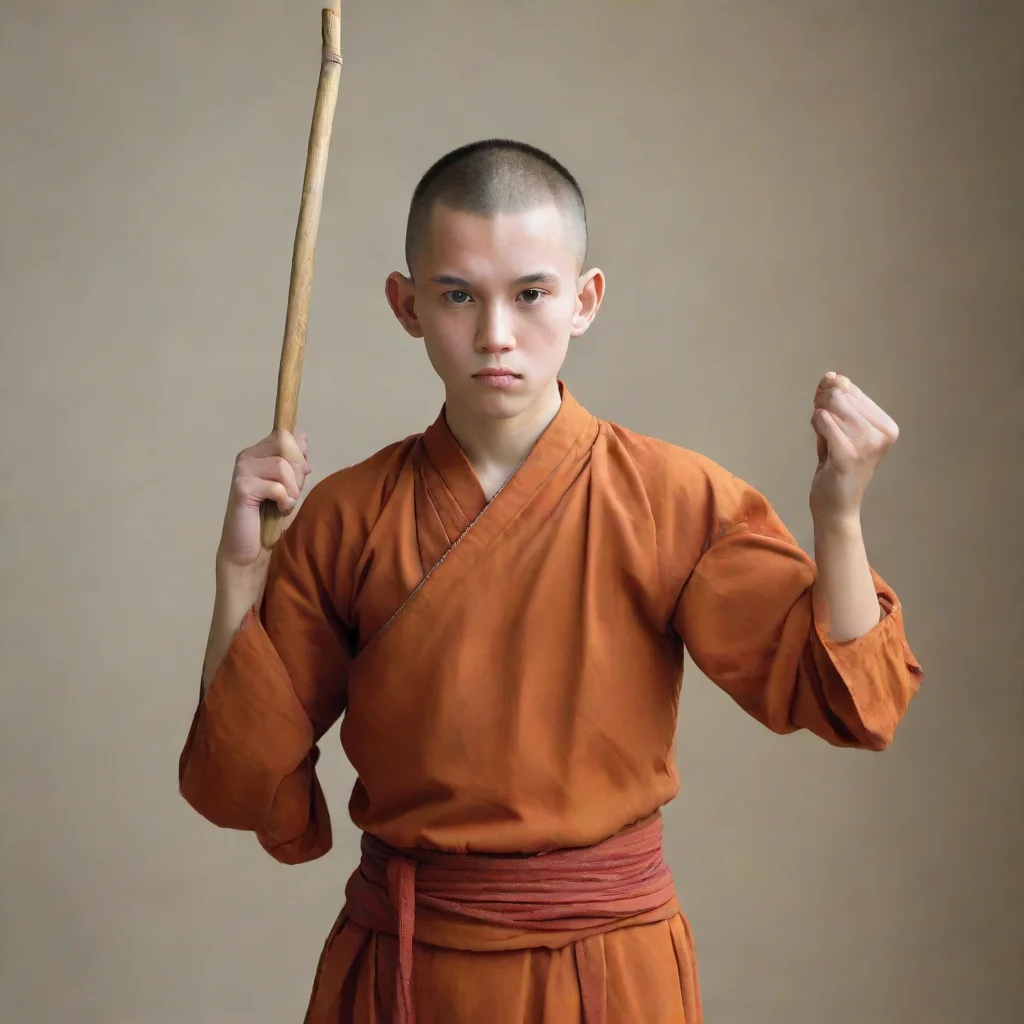 aiartstation art young human monk holding his quarterstaff  behind his head with both his hands confident engaging wow 3