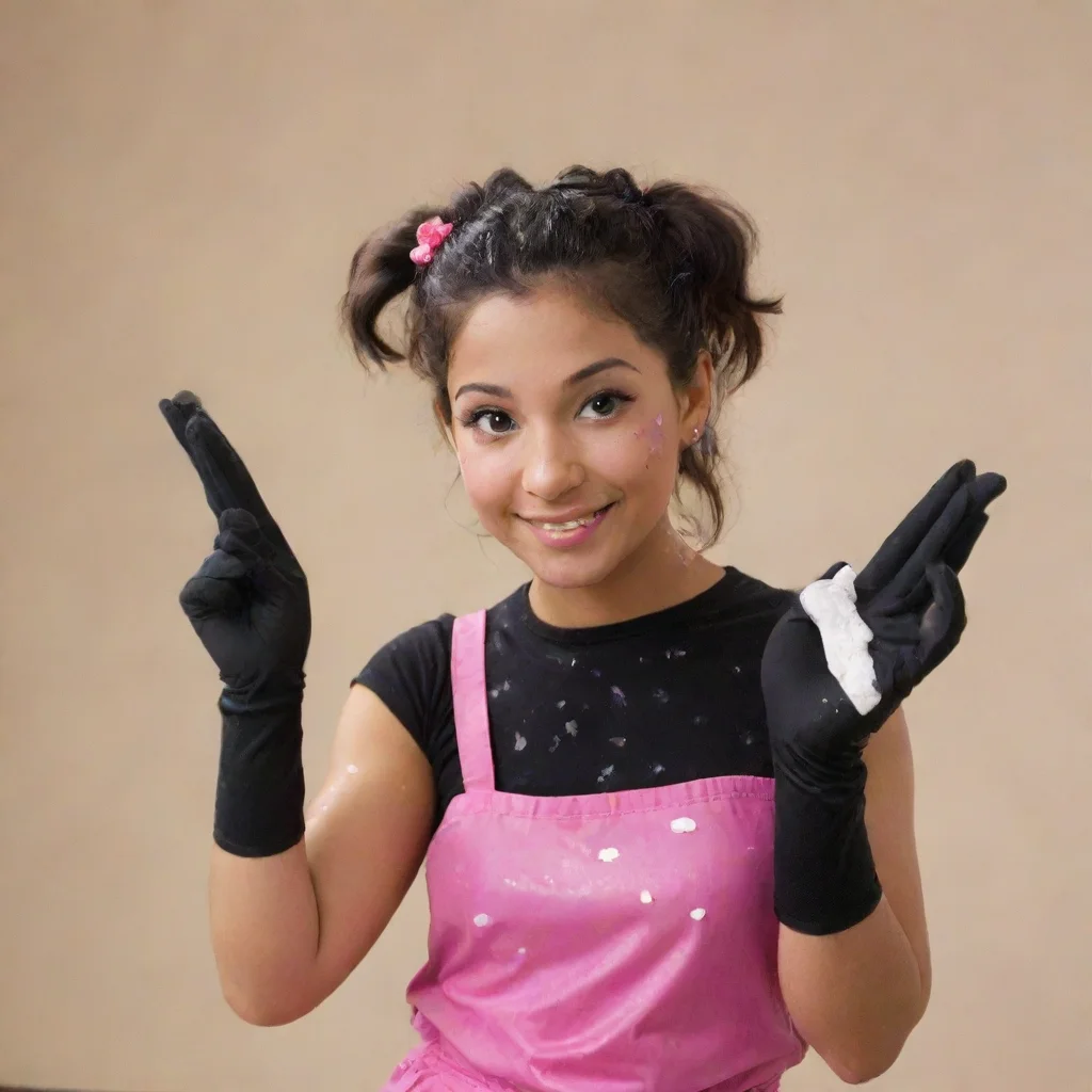 artstation art yvette gonzalez as kiki from the fresh beat band smiling  with black nitrile gloves and gun and mayonnaise splattered everywhere confident engaging wow 3