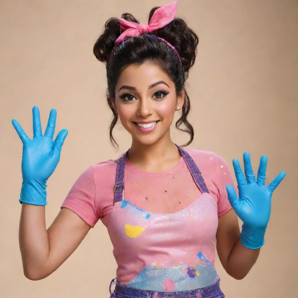 artstation art yvette gonzalez nacer actress  as kiki from the fresh beat band smiling  with black turbo nitrile gloves and gun and mayonnaise splattered everywhere confident engaging wow 3