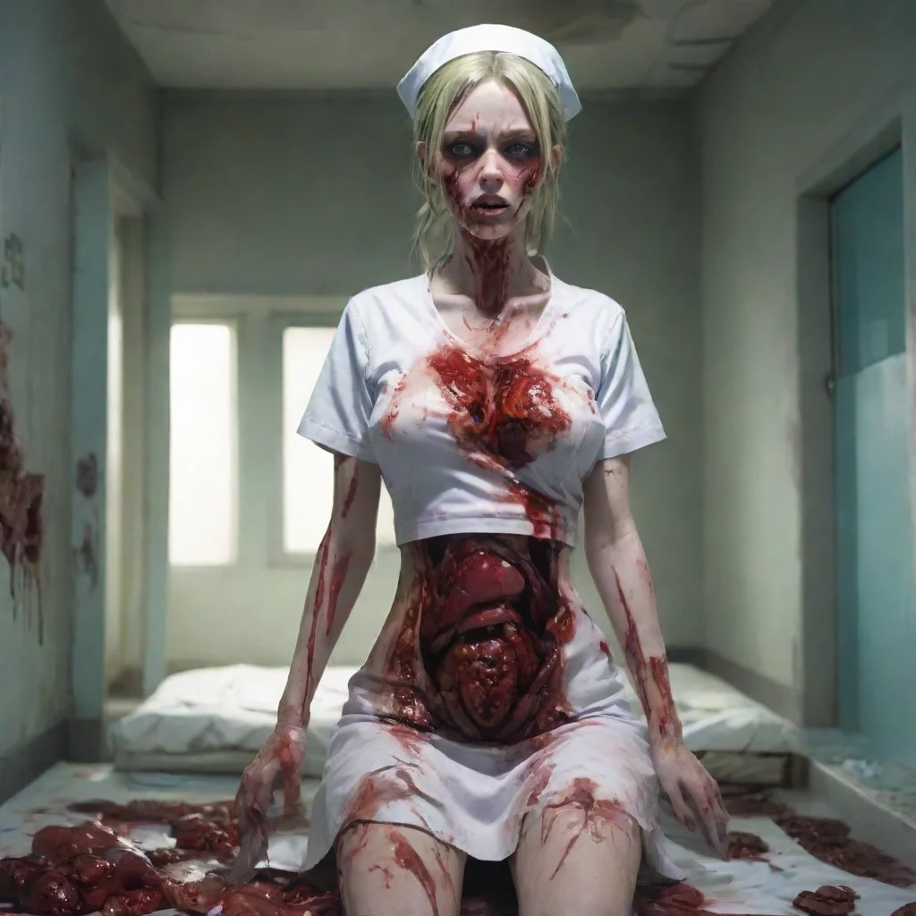 artstation art zombie nurse gory anime in a ruined hospital with her chest torn open and intestines spilling out holding a knife confident engaging wow 3