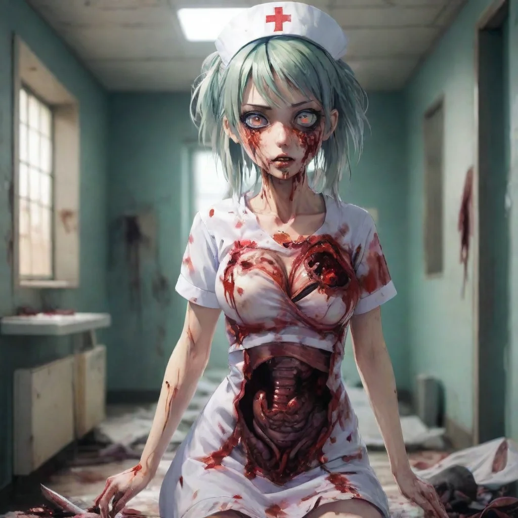 artstation art zombie nurse gory anime in a ruined hospital with her chest torn open and intestines spilling out holding a knife cute anime style confident engaging wow 3