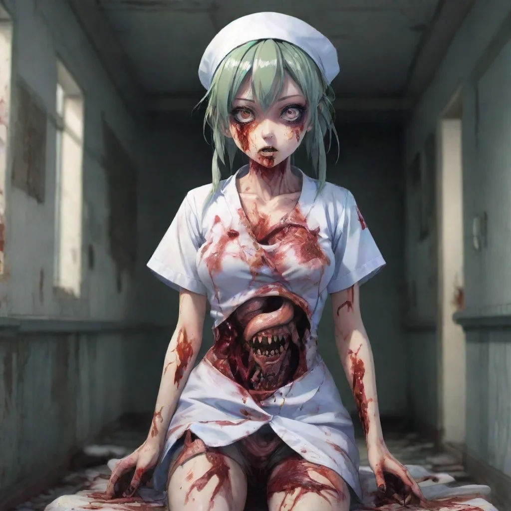 artstation art zombie nurse gory anime in a ruined hospital with her chest torn open and intestines spilling out holding a knife cute anime style not to scary confident engaging wow 3