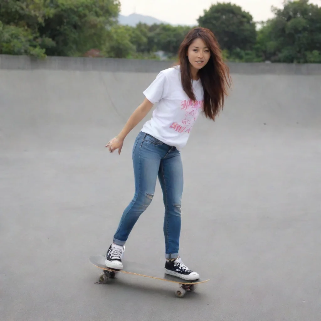 asian babe does a skateboard trick