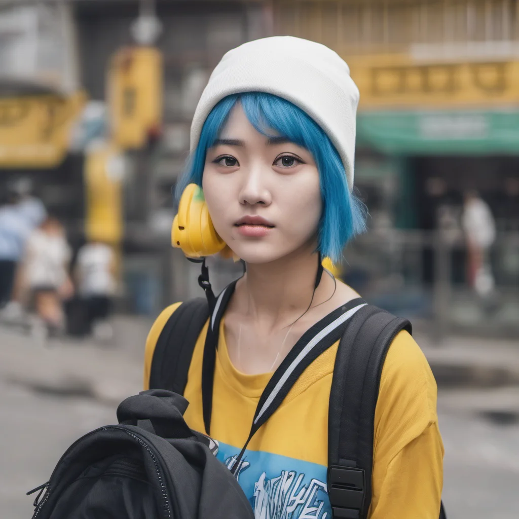 aiasian woman with blue hair%2C white beanie hat%2C black shirt%2C yellow backpack amazing awesome portrait 2