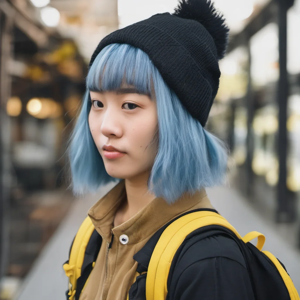 aiasian woman with blue hair%2C white beanie hat%2C black shirt%2C yellow backpack good looking trending fantastic 1
