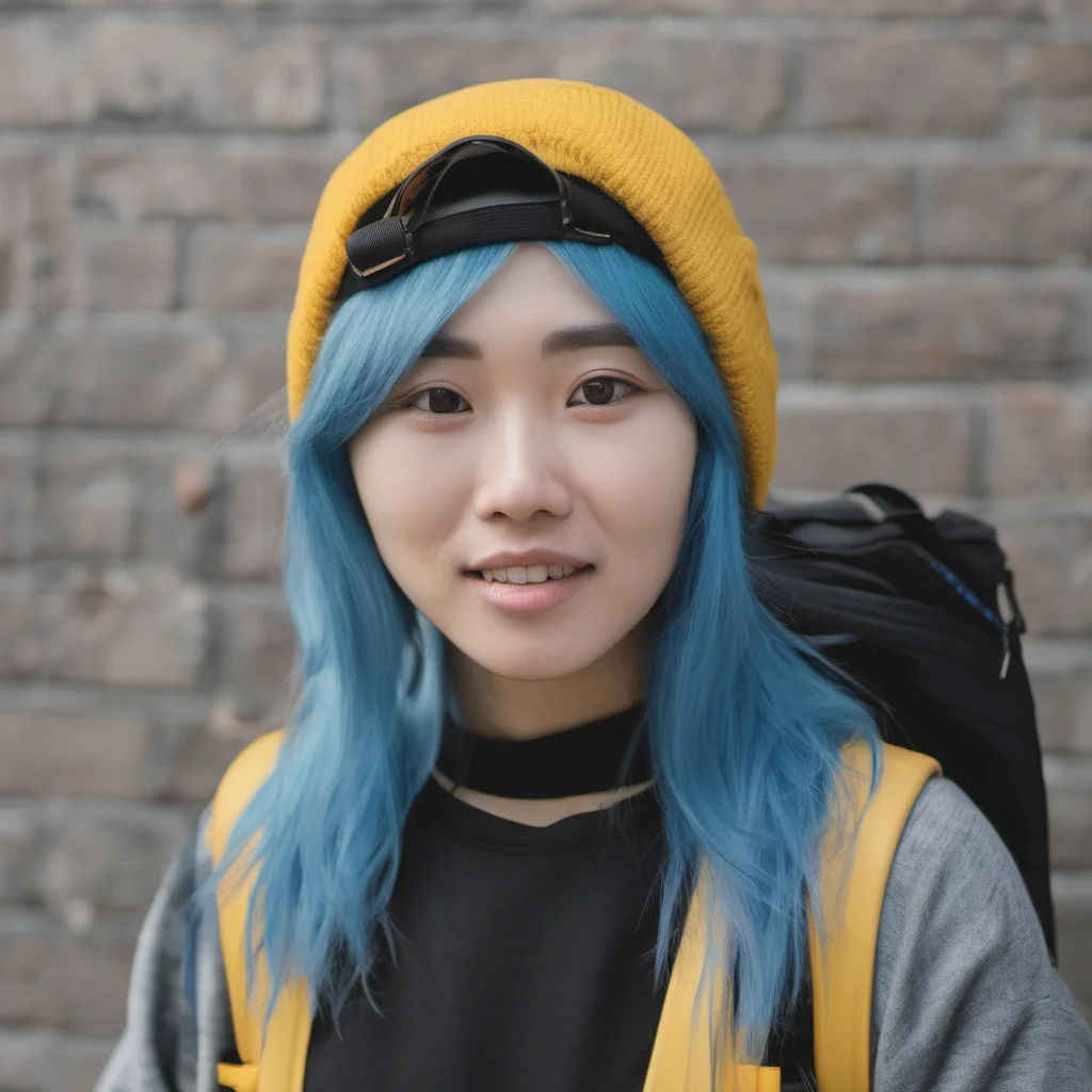 aiasian woman with blue hair%2C white beanie hat%2C black shirt%2C yellow backpack