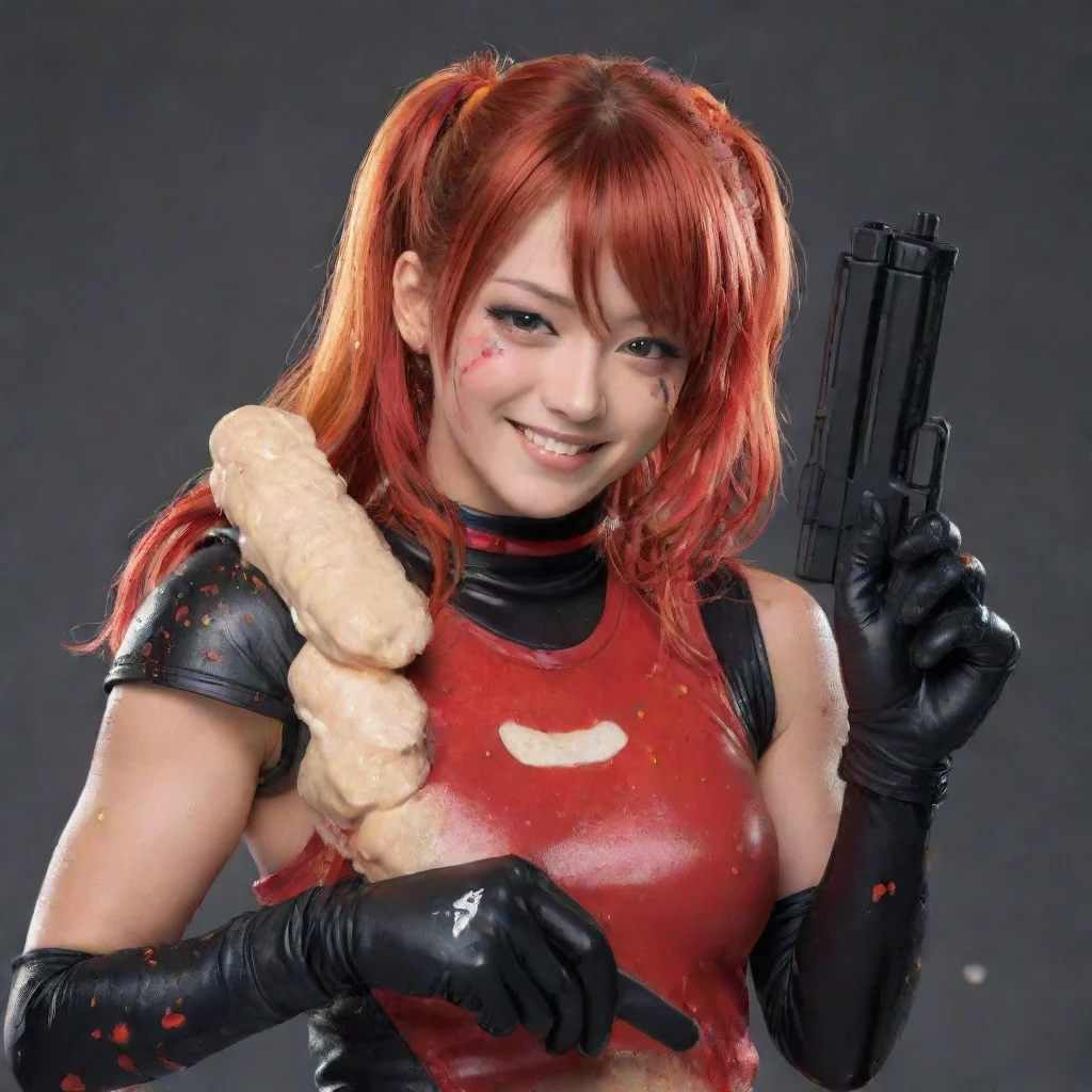 asuka wwe  smiling with black gloves and gun and mayonnaise splattered everywhere