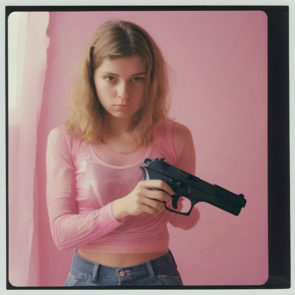 athletic 23 yo girl in pink see through belly top   holding a beretta gun   sad   polaroid amazing awesome portrait 2