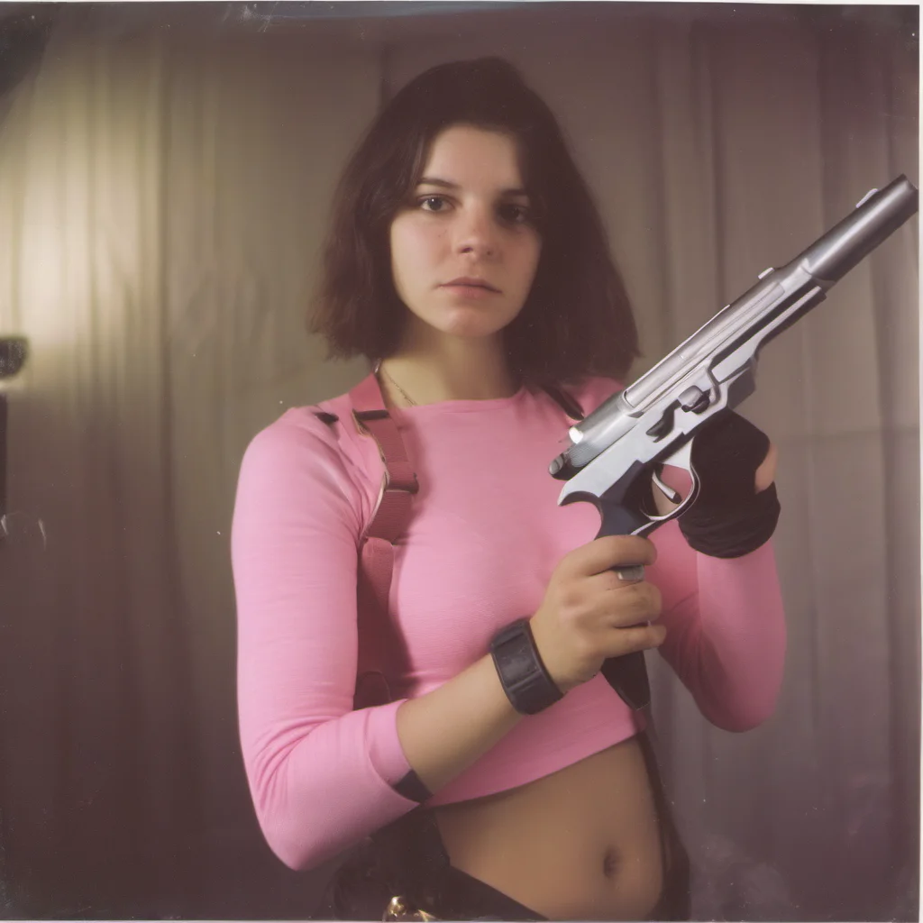 athletic 23 yo girl in pink see through belly top   holding a beretta gun   sad   polaroid