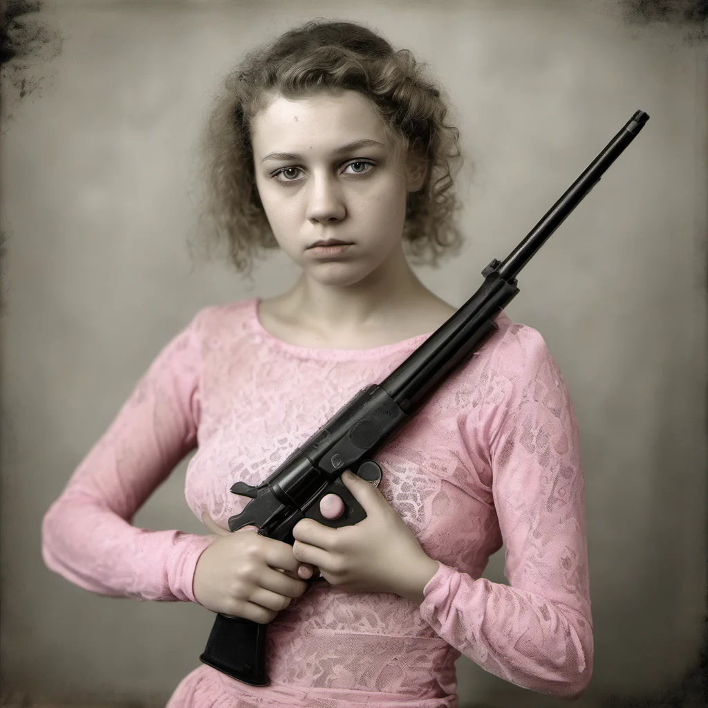 athletic 23 yo girl in pink see through belly top   holding a beretta gun   sad   wetplate amazing awesome portrait 2