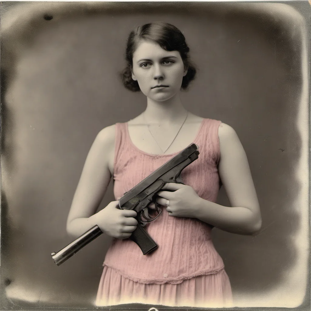 athletic 23 yo girl in pink see through belly top   holding a beretta gun   sad   wetplate confident engaging wow artstation art 3