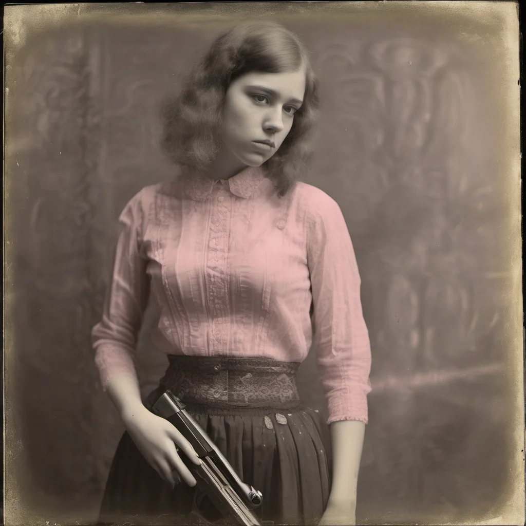 athletic 23 yo girl in pink see through belly top   holding a beretta gun   sad   wetplate good looking trending fantastic 1