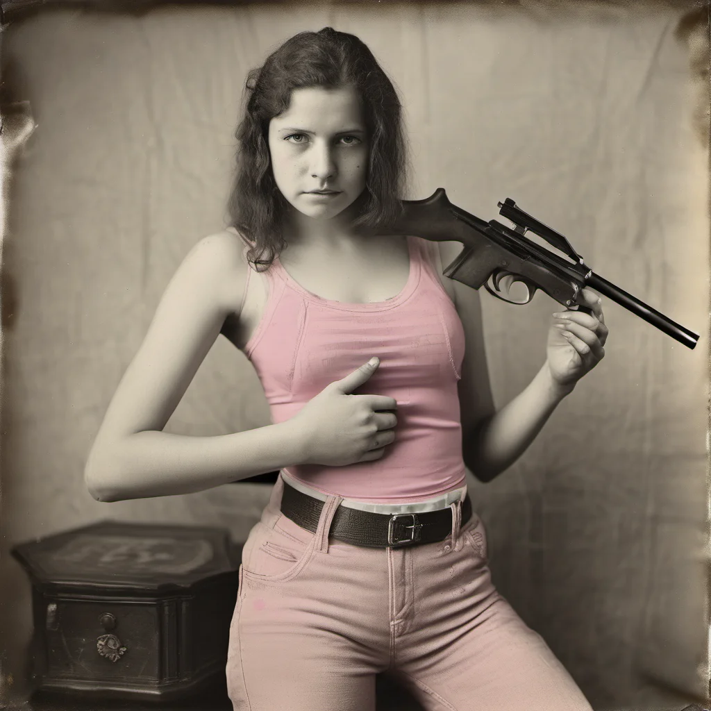 athletic 23 yo girl in pink see through belly top   holding a beretta gun   sad   wetplate