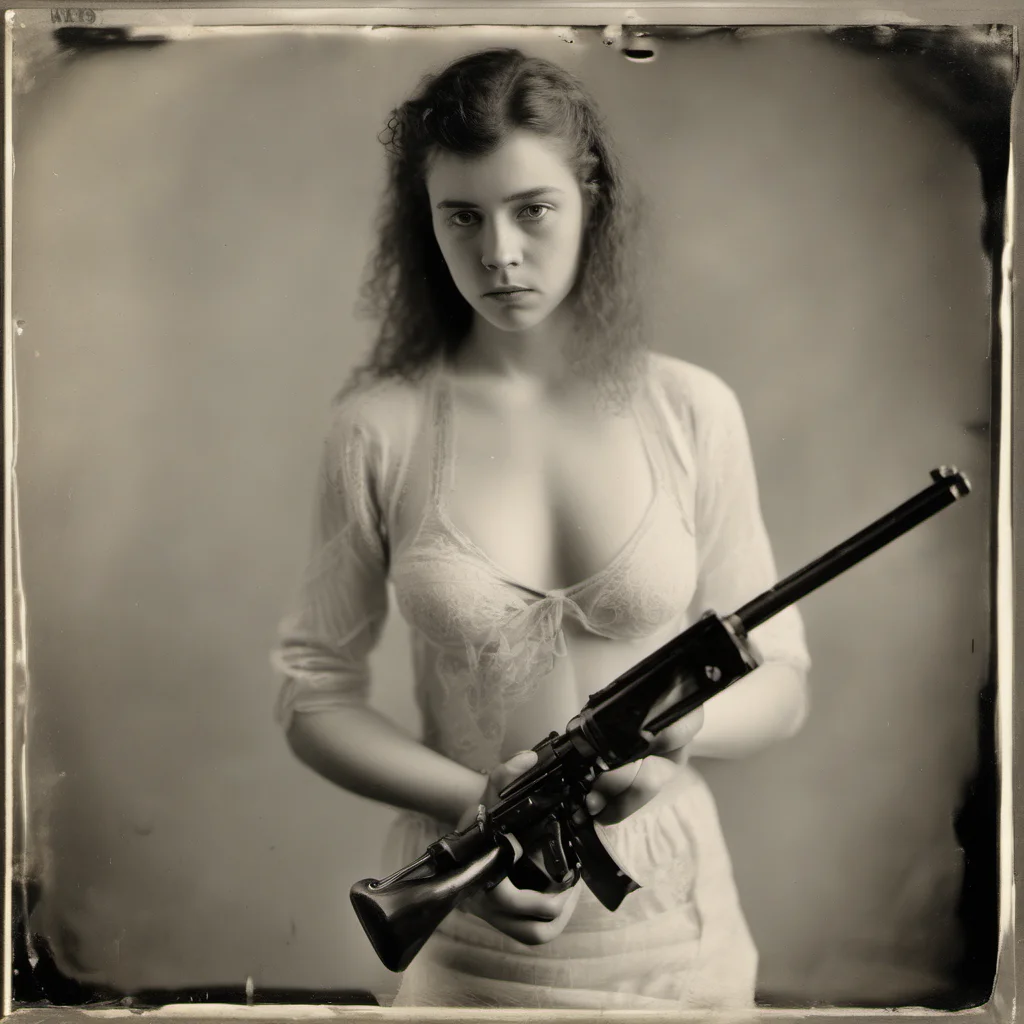 athletic 23 yo girl in transparent white bra   holding a beretta gun   sad   wetplate amazing awesome portrait 2