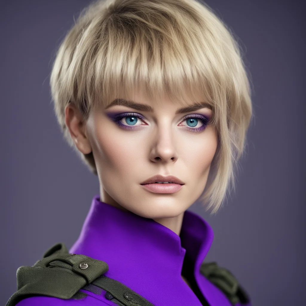 aiattractive blonde woman with blue eyes tactical military dark violet outfit ww2 fotography high detailed 4k attractive woman pixie haircut amazing awesome portrait 2